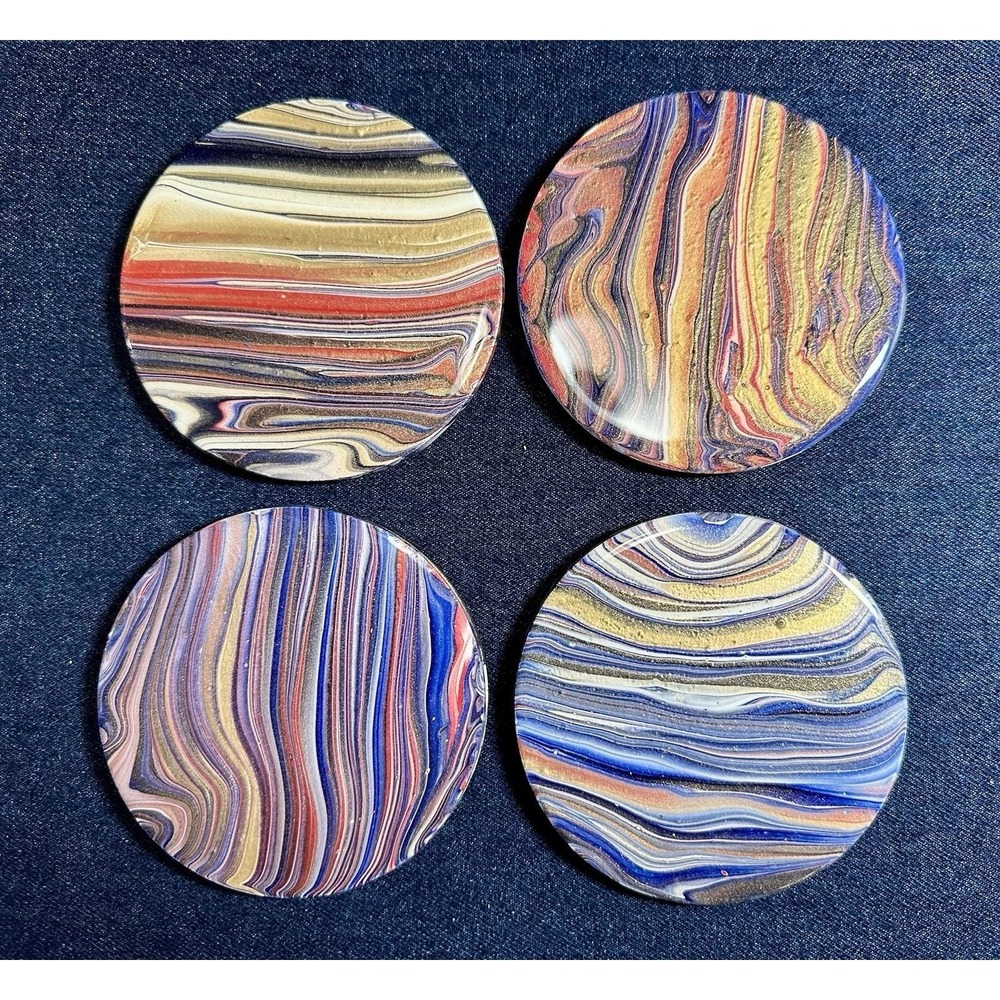 Acrylic Fluid Art 4"  Round Cork Back Coasters Blue Red Gold Mother's Day